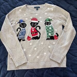 Karen Scott Gray Holiday Cat Sweater Womens Medium Christmas Knit